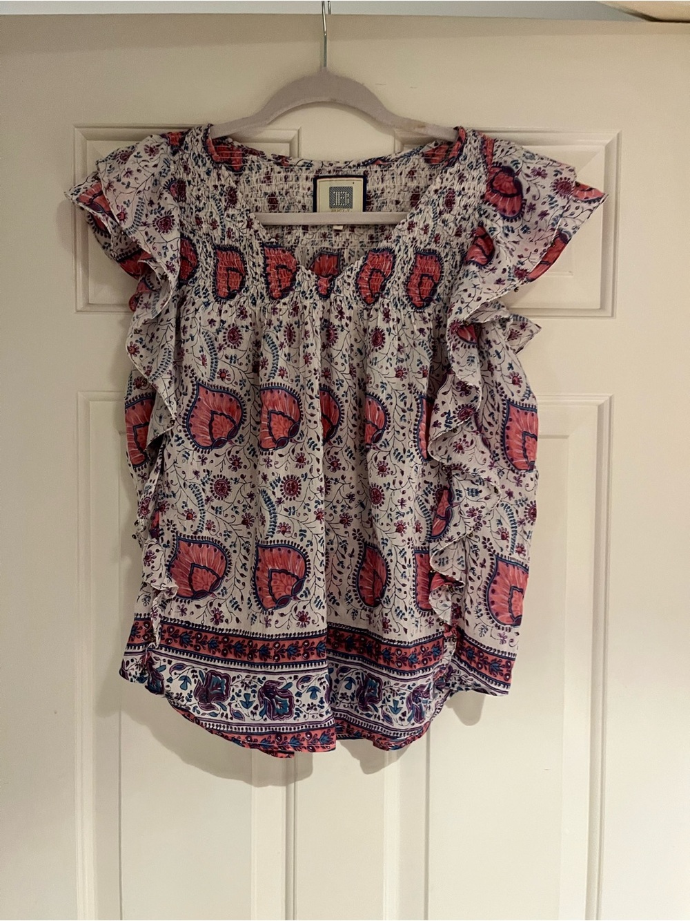 Look ALICIA BELL light Boho Floral FLUTTER Sleeve Top White+Pink Beachy Resort S